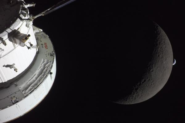 NASA’s Orion spacecraft captures the Moon and the Earth in one frame during the Artemis II crew’s deep space journey.