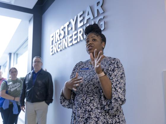 Engineering Recruiter giving a tour to group of families